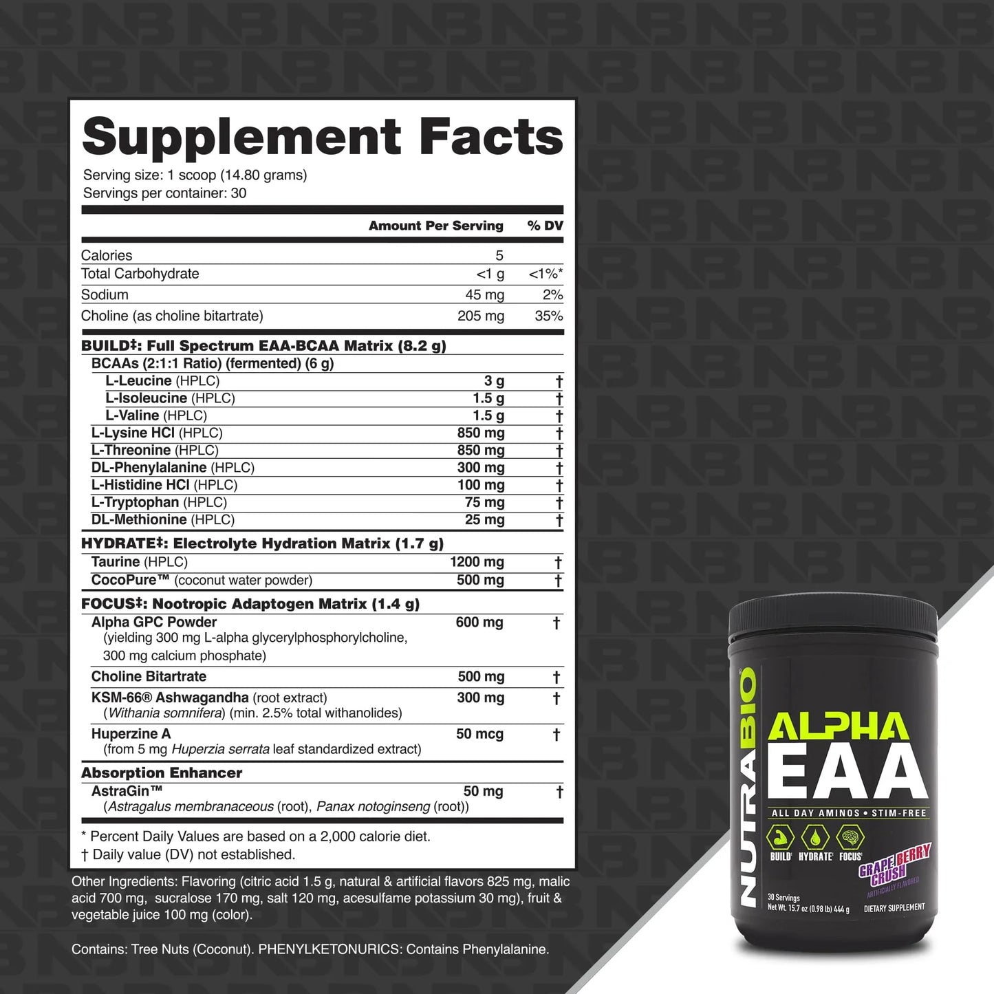 Alpha EAA - All-Day Aminos - Recovery, Energy, Focus, and Hydration Supplement - Full Spectrum EAA BCAA Matrix, Electrolytes, Nootropics, Coconut Water - 30 Servings - Grape Berry Crush