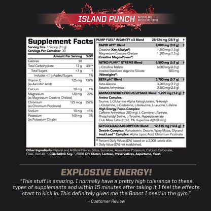 Sports Ultra Pump Fuel - Pre Workout Drink Mix - Energy, Strength, Endurance, Muscle Pumps and Recovery - Complex Carbohydrates and Amino Energy - Island Punch (30 Servings)