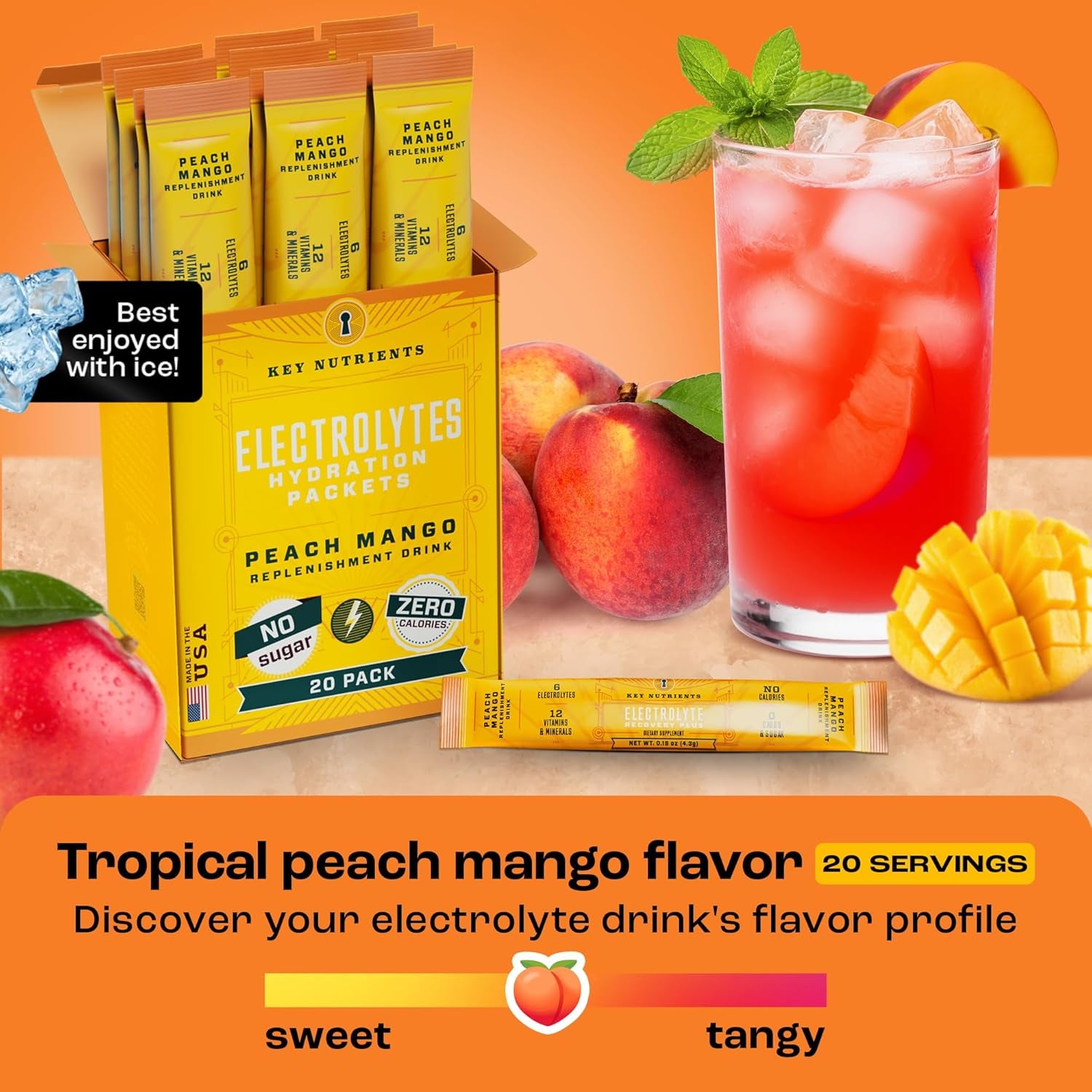 Electrolytes Powder Packets - Tropical Peach Mango 20 Pack Hydration Packets - Travel Hydration Powder - No Sugar, No Calories, Gluten Free - Made in USA