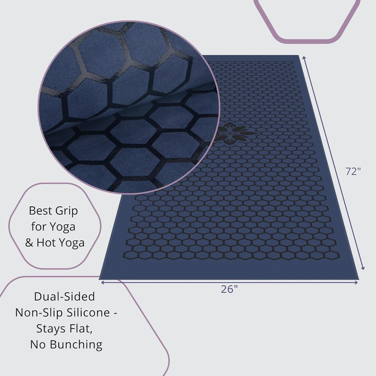 Non-Slip Hot Yoga Towel – Non-Slip Grip for Hot Yoga, Sweat Absorbent, Honeycomb Silicone Grip, Stays Flat – Ideal for Pilates, Travel, Washable & Lightweight - Dark Blue