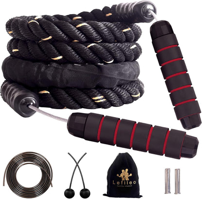 Weighted Jump Rope for Fitness 3LB,  Cordless Skipping Rope, Heavy Adjustable Battle Exercise Training Ropes with 6” Foam Bearing Handles, Ideal Body Workout Rope for Men & Women - 3 in 1 Set