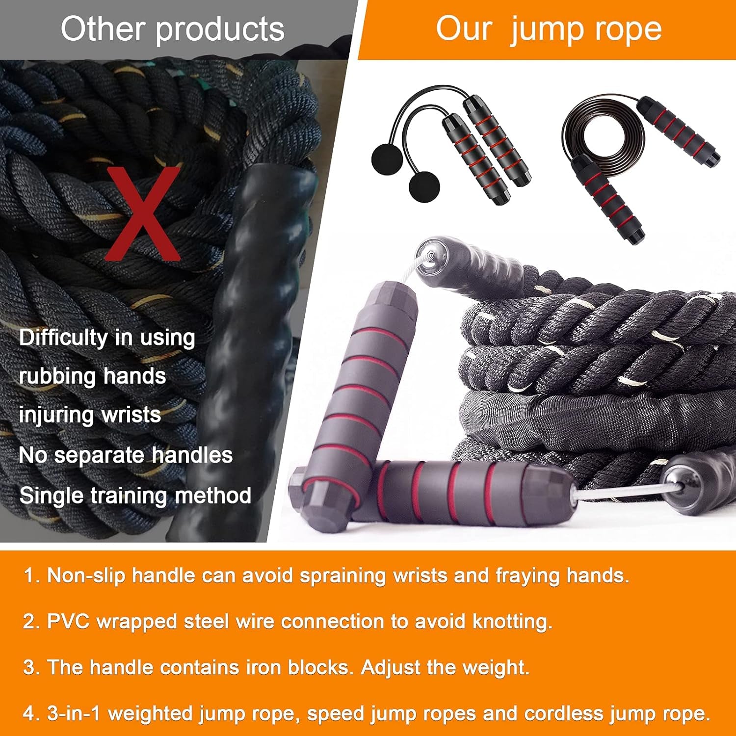 Weighted Jump Rope for Fitness 3LB,  Cordless Skipping Rope, Heavy Adjustable Battle Exercise Training Ropes with 6” Foam Bearing Handles, Ideal Body Workout Rope for Men & Women - 3 in 1 Set