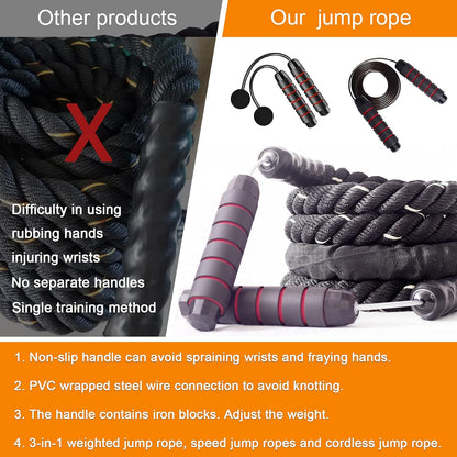 Weighted Jump Rope for Fitness 3LB,  Cordless Skipping Rope, Heavy Adjustable Battle Exercise Training Ropes with 6” Foam Bearing Handles, Ideal Body Workout Rope for Men & Women - 3 in 1 Set