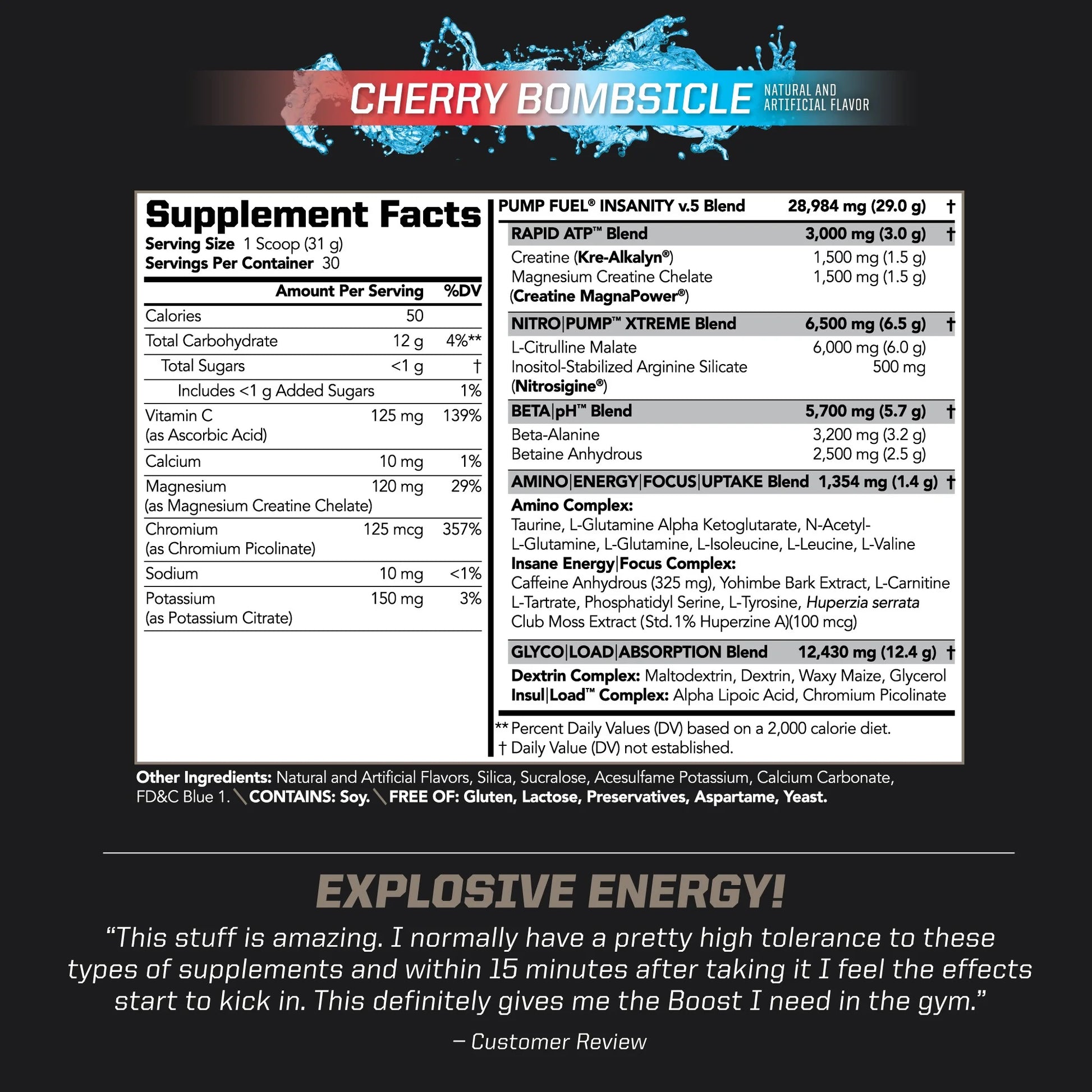 Sports Ultra Pump Fuel Insanity - Pre Workout Drink Mix for Energy, Strength, Endurance, Muscle Pumps and Recovery - Complex Carbohydrates and Amino Energy - Cherry Bombsicle (30 Servings)