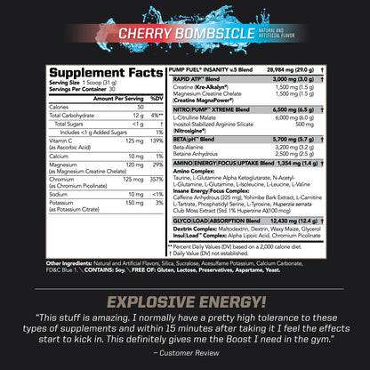 Sports Ultra Pump Fuel Insanity - Pre Workout Drink Mix for Energy, Strength, Endurance, Muscle Pumps and Recovery - Complex Carbohydrates and Amino Energy - Cherry Bombsicle (30 Servings)