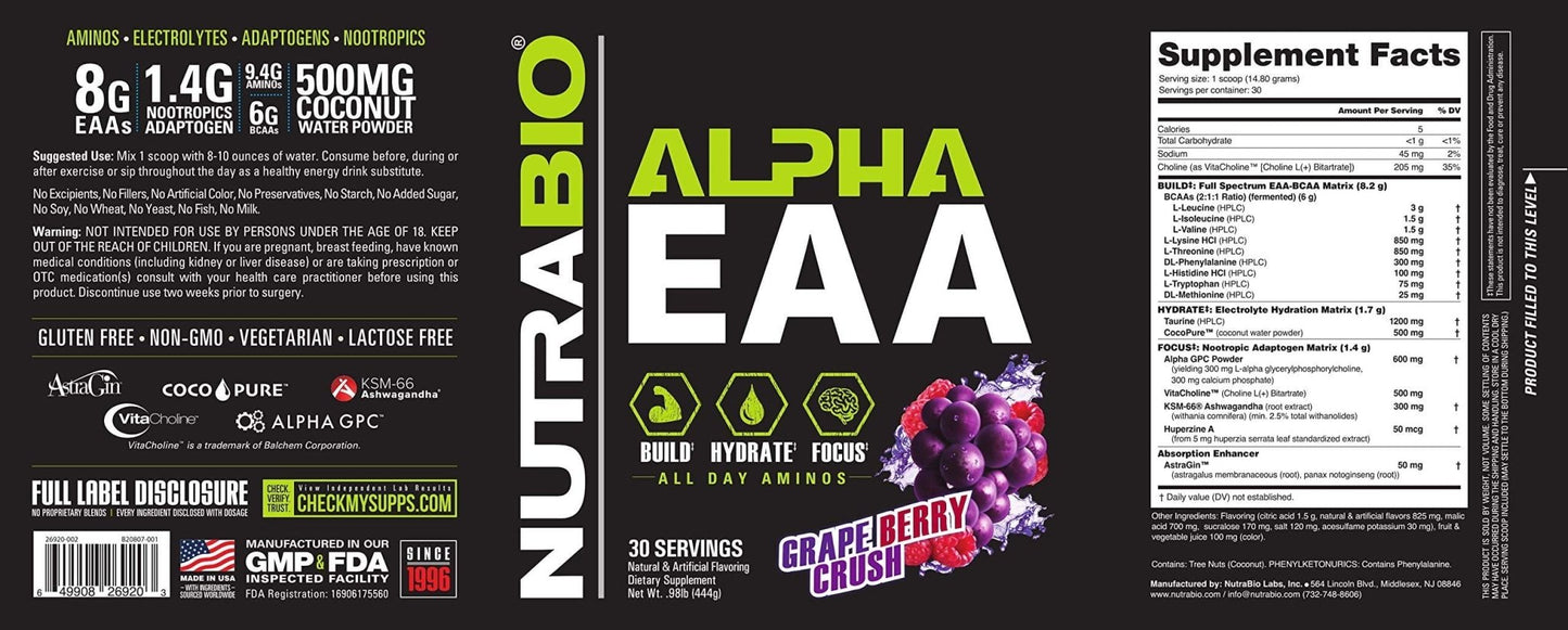 Alpha EAA - All - Day Aminos - Recovery, Energy, Focus, and Hydration Supplement - Full Spectrum EAA BCAA Matrix, Electrolytes, Nootropics, Coconut Water - 30 Servings - Grape Berry CrushAlpha EAA - All - Day Aminos - Recovery, Energy, Focus, and Hydration Supplement - Full Spectrum EAA BCAA Matrix, Electrolytes, Nootropics, Coconut Water - 30 Servings - Grape Berry Crush