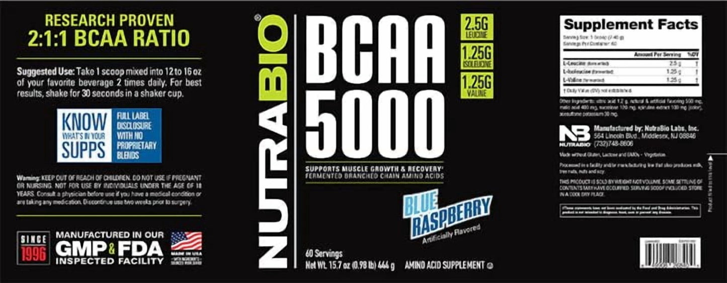 BCAA 5000 Powder - Vegan Fermented Bcaas - Supports Lean Muscle Growth, Recovery, Endurance - 60 Servings - Blue RaspberryBCAA 5000 Powder - Vegan Fermented Bcaas - Supports Lean Muscle Growth, Recovery, Endurance - 60 Servings - Blue Raspberry