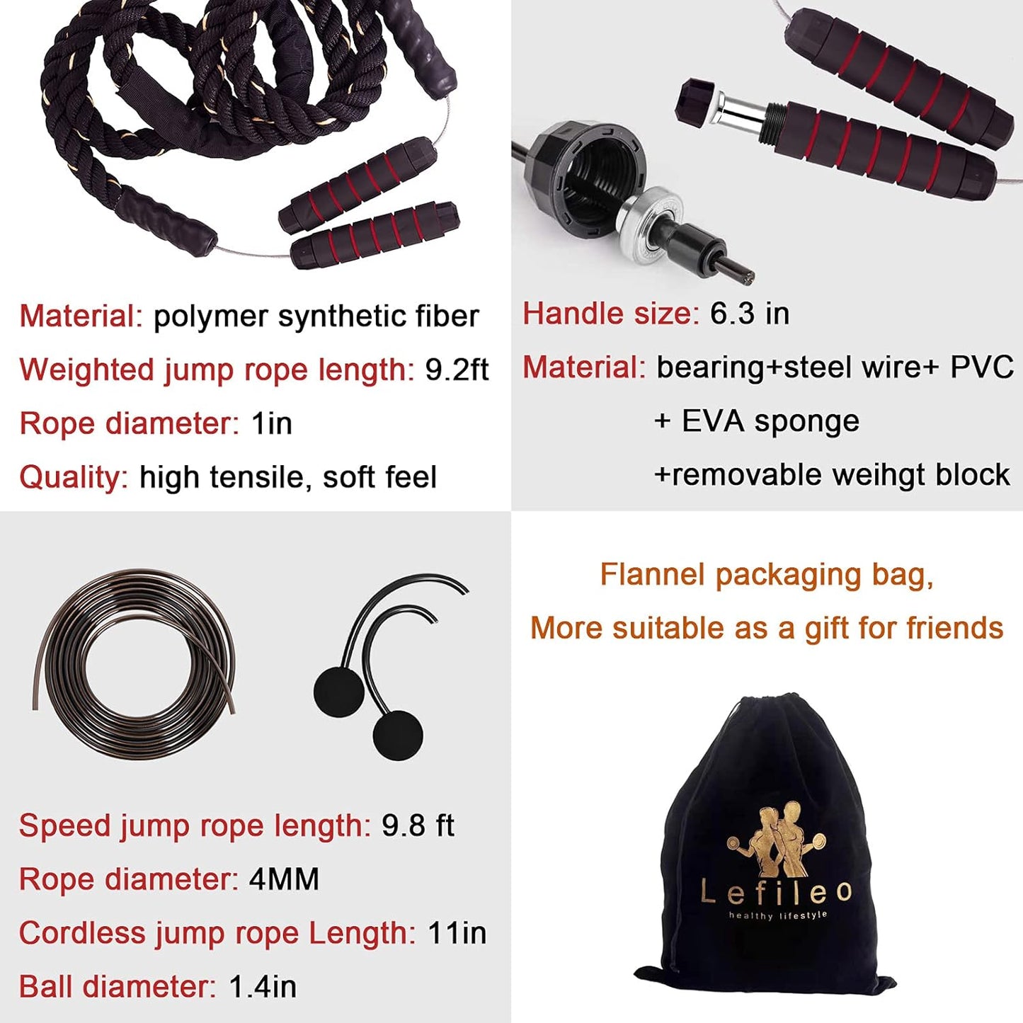 Weighted Jump Rope for Fitness 3LB,  Cordless Skipping Rope, Heavy Adjustable Battle Exercise Training Ropes with 6” Foam Bearing Handles, Ideal Body Workout Rope for Men & Women - 3 in 1 Set