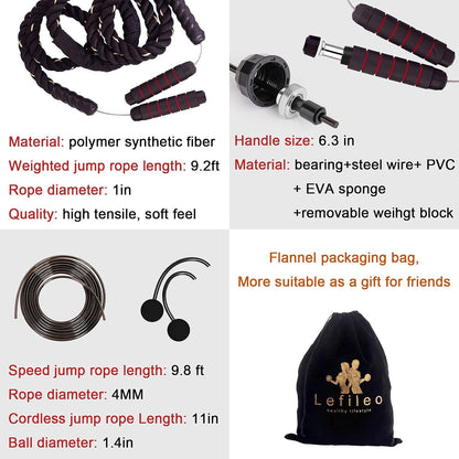 Weighted Jump Rope for Fitness 3LB,  Cordless Skipping Rope, Heavy Adjustable Battle Exercise Training Ropes with 6” Foam Bearing Handles, Ideal Body Workout Rope for Men & Women - 3 in 1 Set