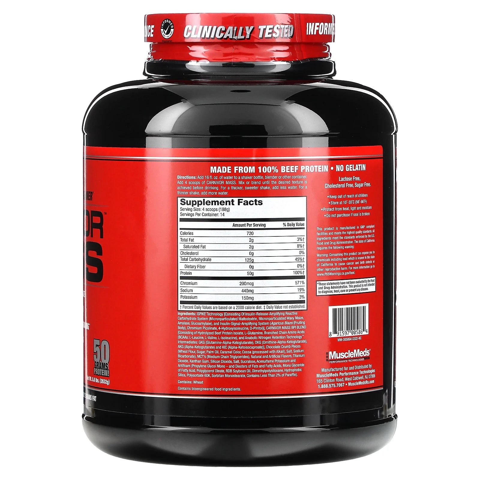 Carnivor Mass, Anabolic Beef Protein Gainer, Cookies & Cream, 5.8 Lbs (2,632 G)