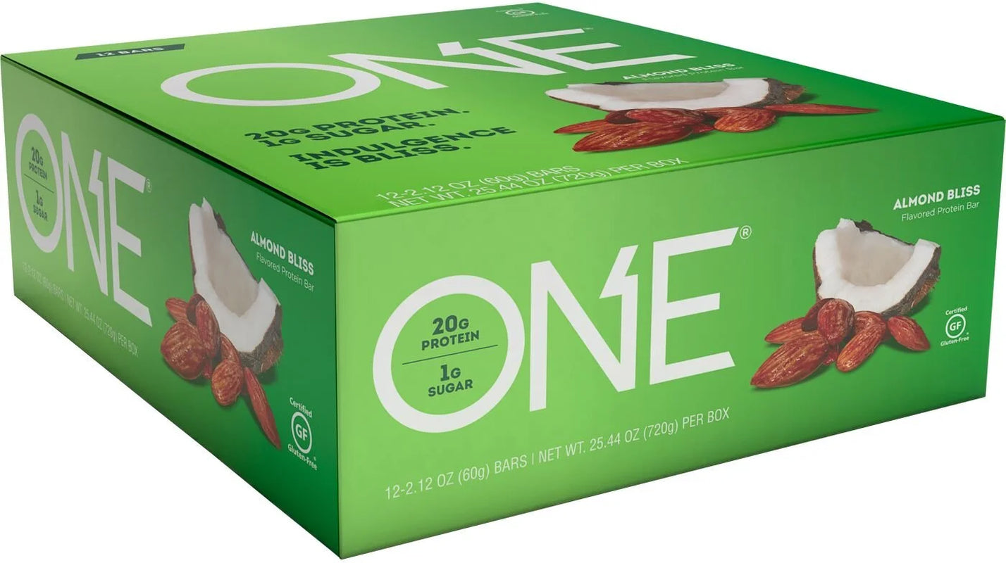 ONE Protein Bars, Almond Bliss, Gluten Free Protein Bars with 20G Protein and Only 1G Sugar, Guilt-Free Snacking for High Protein Diets, 2.12 Oz (12 Pack)