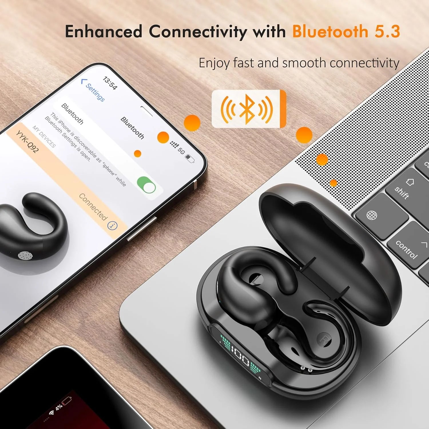 Open Ear Clip Wireless Earbuds Bluetooth 5.3, Sports Earphones Bone Conduction Over-The-Ear Headphones, Wireless Charging Case & Display, Waterproof Fitness Headphones