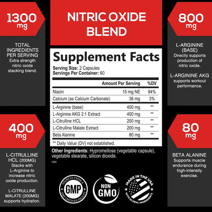 Extra Strength Nitric Oxide Supplement 3X Strength L Arginine, Citrulline Malate, AAKG, Beta Alanine - Premium Muscle Supporting Nitric Booster - Natural Energy & Heart Health Support - 120 Capsules