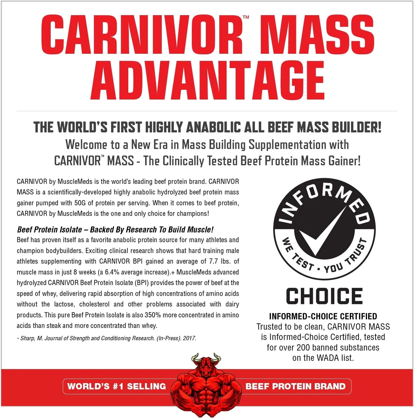 Carnivor Mass Gainer – 50G Beef Protein Isolate & 125G Reactive Carbs – 0 Sugar/Fat/Lactose – Ispike™ Anabolic Gainer, Chocolate Fudge, 6 Lb