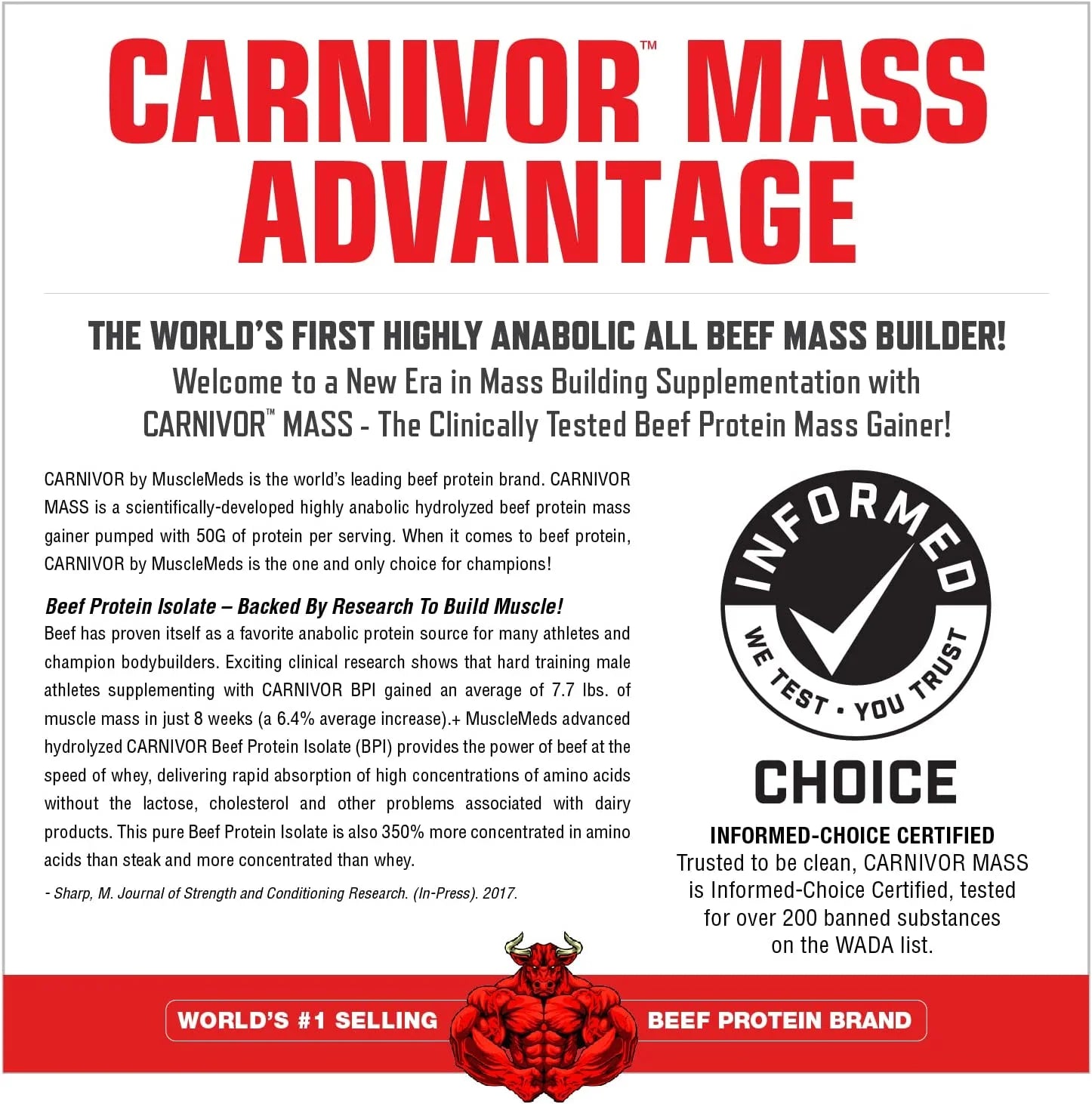 Carnivor Mass Gainer – 50G Beef Protein Isolate & 125G Reactive Carbs – 0 Sugar/Fat/Lactose – Ispike™ Anabolic Gainer, Chocolate Fudge, 6 Lb