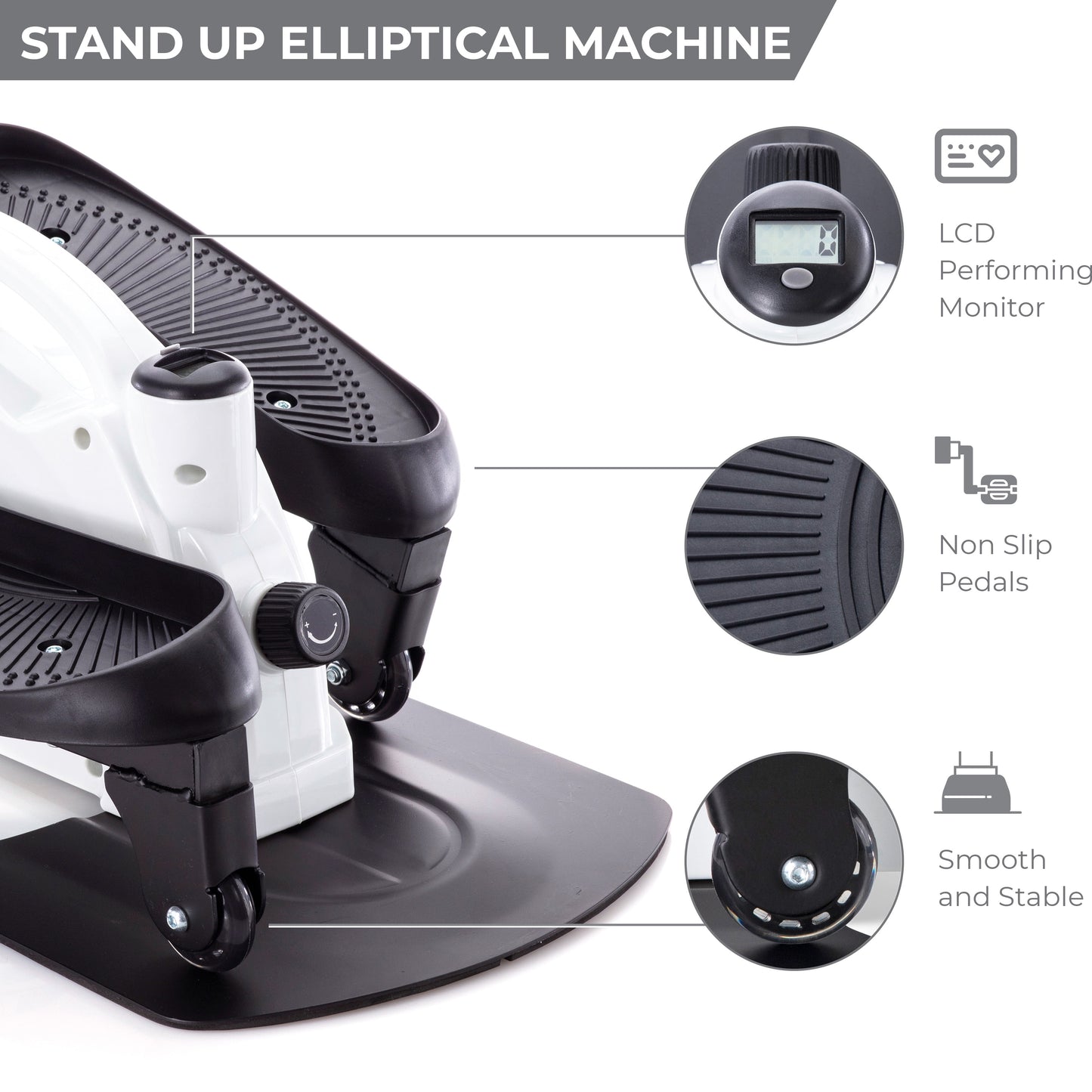 Compact Elliptical Fitness Stand up and Sit down Step Machine, Portable Mini Stepper Exercise, While Seated, Handle, Digital Readout, All the Equipment for a Great Workout in White and Black