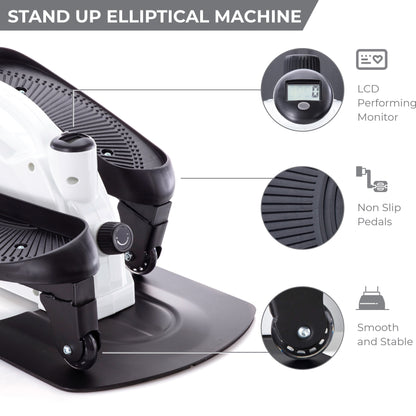 Compact Elliptical Fitness Stand up and Sit down Step Machine, Portable Mini Stepper Exercise, While Seated, Handle, Digital Readout, All the Equipment for a Great Workout in White and Black