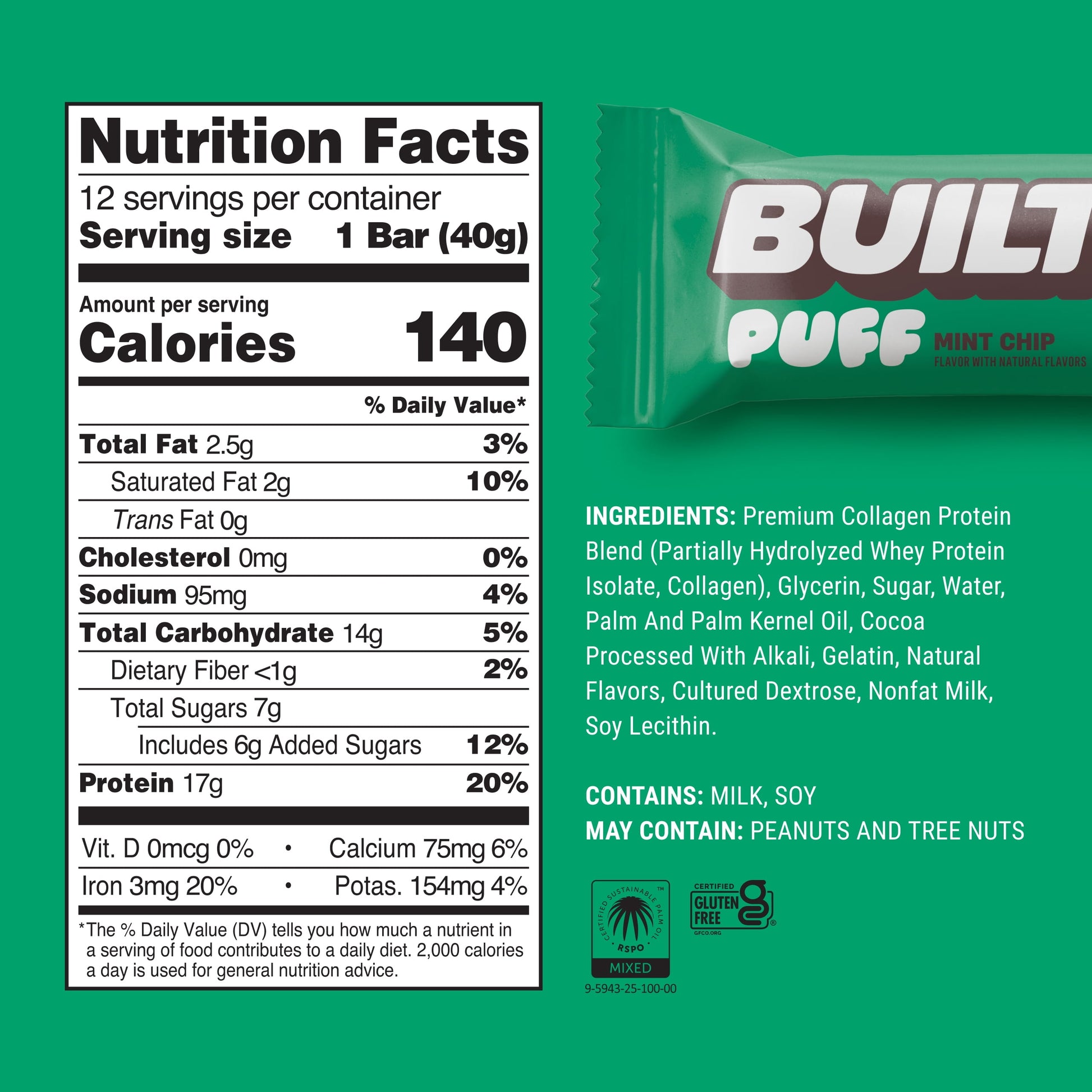, Puff Protein Bars, Mint Chip, High Protein, Collagen, Gluten Free, 12 Count