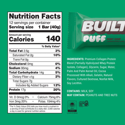 , Puff Protein Bars, Mint Chip, High Protein, Collagen, Gluten Free, 12 Count
