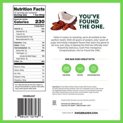 ONE Protein Bars, Almond Bliss, Gluten Free Protein Bars with 20G Protein and Only 1G Sugar, Guilt-Free Snacking for High Protein Diets, 2.12 Oz (12 Pack)