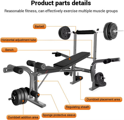 Standard Weight Bench Bench Press Set with Preacher Curl Pad and Leg Developer Weight Lifting Full-Body Workout Equipment for Ho