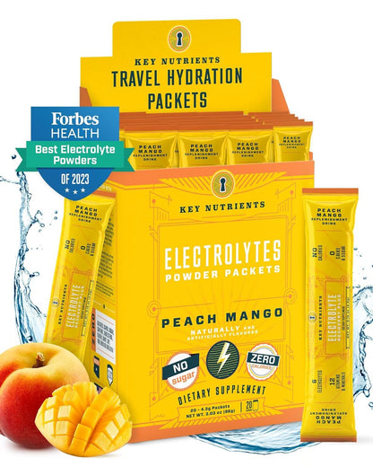 Electrolytes Powder Packets - Tropical Peach Mango 20 Pack Hydration Packets - Travel Hydration Powder - No Sugar, No Calories, Gluten Free - Made in USAElectrolytes Powder Packets - Tropical Peach Mango 20 Pack Hydration Packets - Travel Hydration Powder - No Sugar, No Calories, Gluten Free - Made in USA