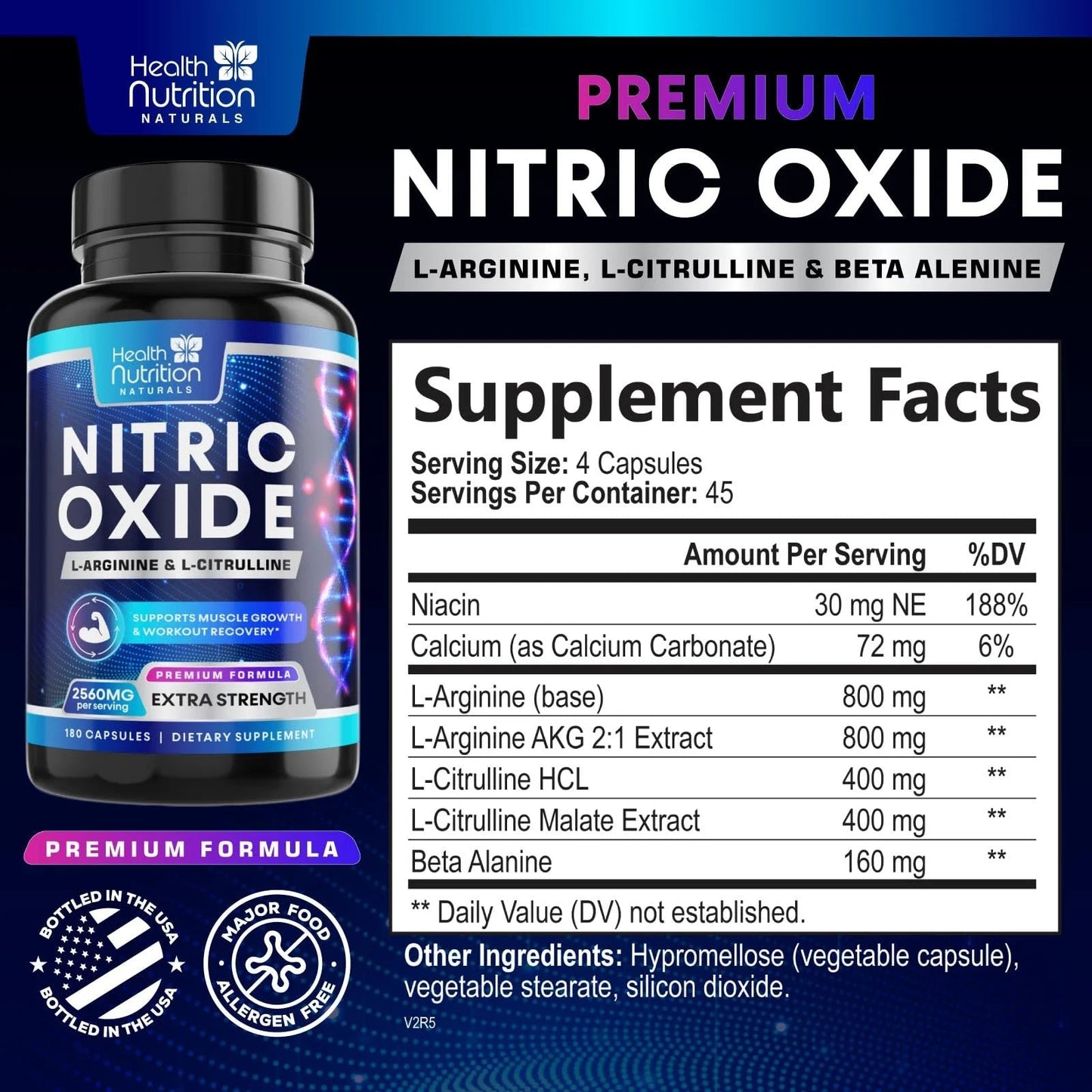 Extra Strength Nitric Oxide Supplement 3X Strength L Arginine, Citrulline Malate, AAKG, Beta Alanine - Premium Muscle Supporting Nitric Booster - Natural Energy & Heart Health Support - 180 CapsulesExtra Strength Nitric Oxide Supplement 3X Strength L Arginine, Citrulline Malate, AAKG, Beta Alanine - Premium Muscle Supporting Nitric Booster - Natural Energy & Heart Health Support - 180 Capsules