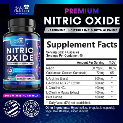 Extra Strength Nitric Oxide Supplement 3X Strength L Arginine, Citrulline Malate, AAKG, Beta Alanine - Premium Muscle Supporting Nitric Booster - Natural Energy & Heart Health Support - 180 CapsulesExtra Strength Nitric Oxide Supplement 3X Strength L Arginine, Citrulline Malate, AAKG, Beta Alanine - Premium Muscle Supporting Nitric Booster - Natural Energy & Heart Health Support - 180 Capsules