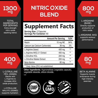 Extra Strength Nitric Oxide Supplement 3X Strength L Arginine, Citrulline Malate, AAKG, Beta Alanine - Premium Muscle Supporting Nitric Booster - Natural Energy & Heart Health Support - 120 CapsulesExtra Strength Nitric Oxide Supplement 3X Strength L Arginine, Citrulline Malate, AAKG, Beta Alanine - Premium Muscle Supporting Nitric Booster - Natural Energy & Heart Health Support - 120 Capsules