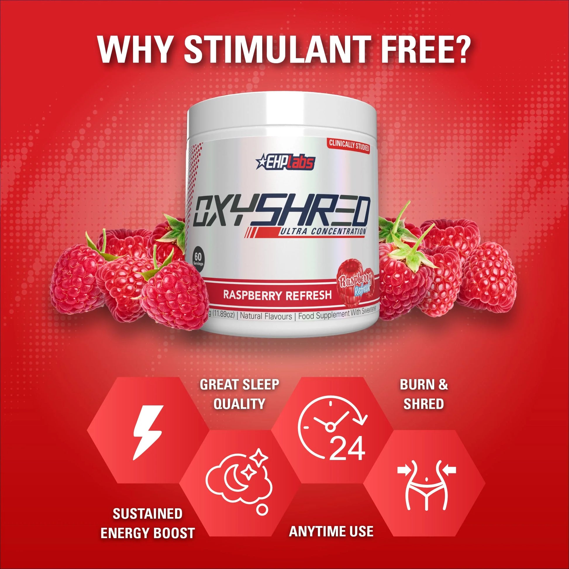 Oxyshred Non Stimulant Pre Workout Powder - Stim Free, Caffeine Free Preworkout for Men & Women - Non Stim Preworkout - Sugar Free Energy Powder - Raspberry, 60 Servings