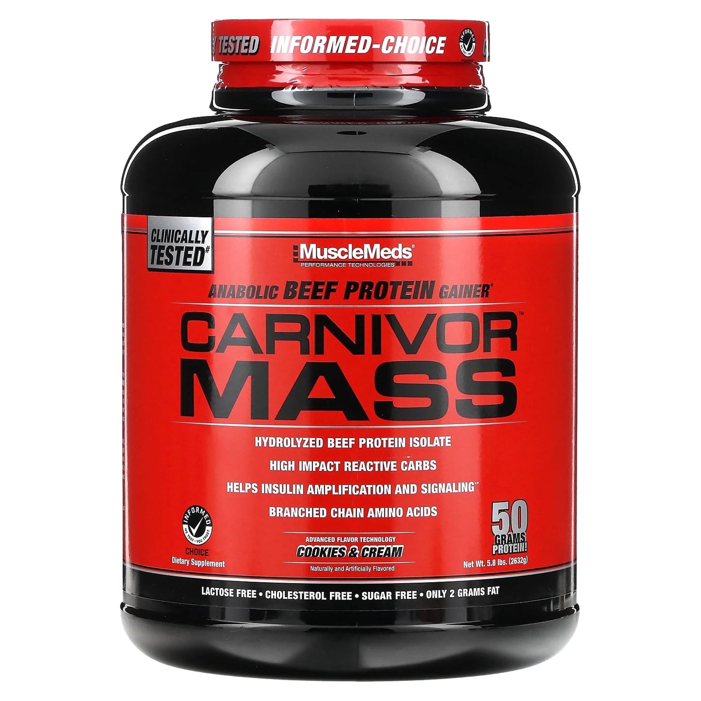 Carnivor Mass, Anabolic Beef Protein Gainer, Cookies & Cream, 5.8 Lbs (2,632 G)