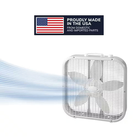 20 In. 3 Speed Box Fan in White for Bedrooms, Living Rooms, Garages with save Smart Technology, 1800 CFM, Carry Handle