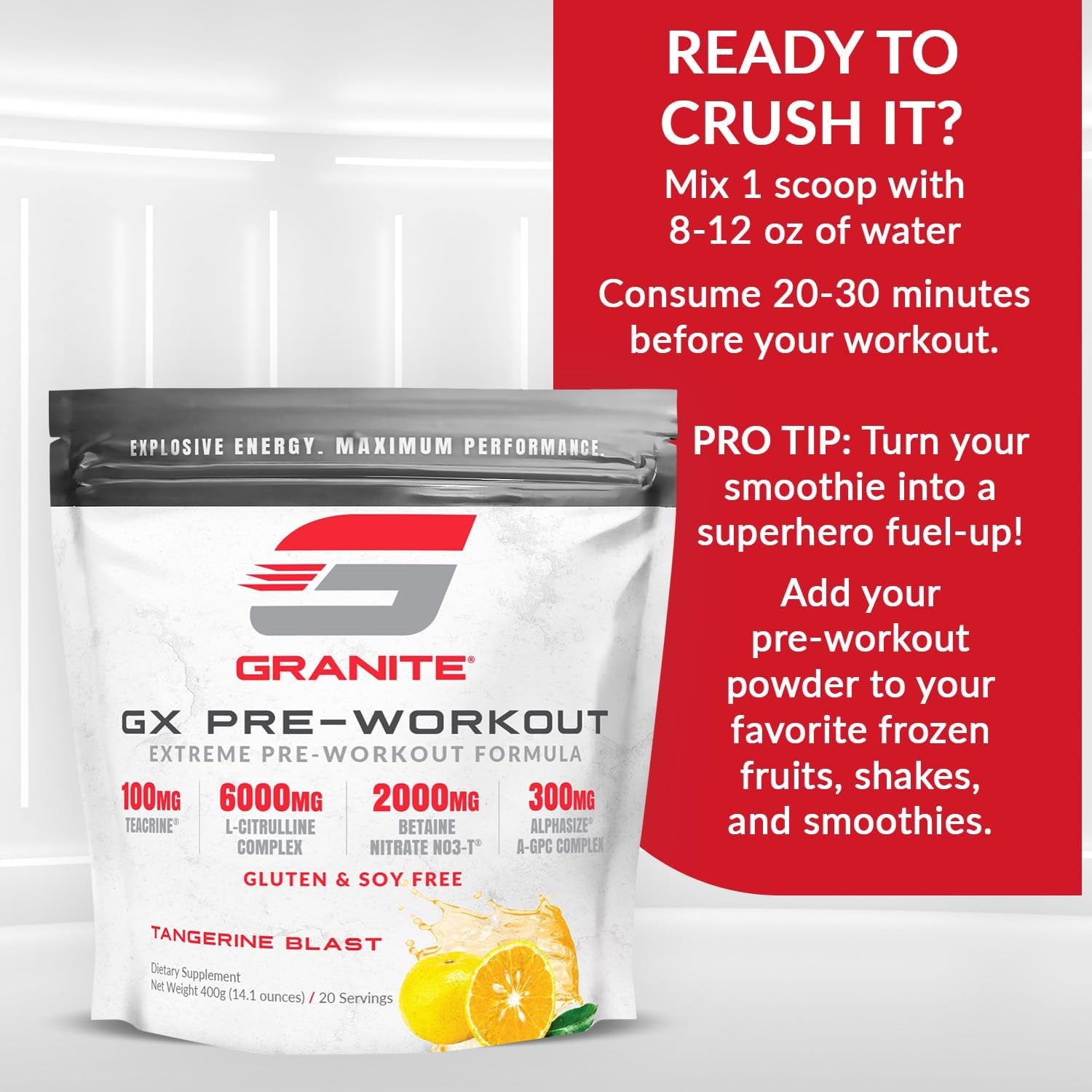 Granite GX Pre Workout Supplement, Tangerine Blast Flavor, Supports Focus, Energy, & Performance with Teacrine, L-Citrulline, Betaine, & A-GPC (20 Servings)