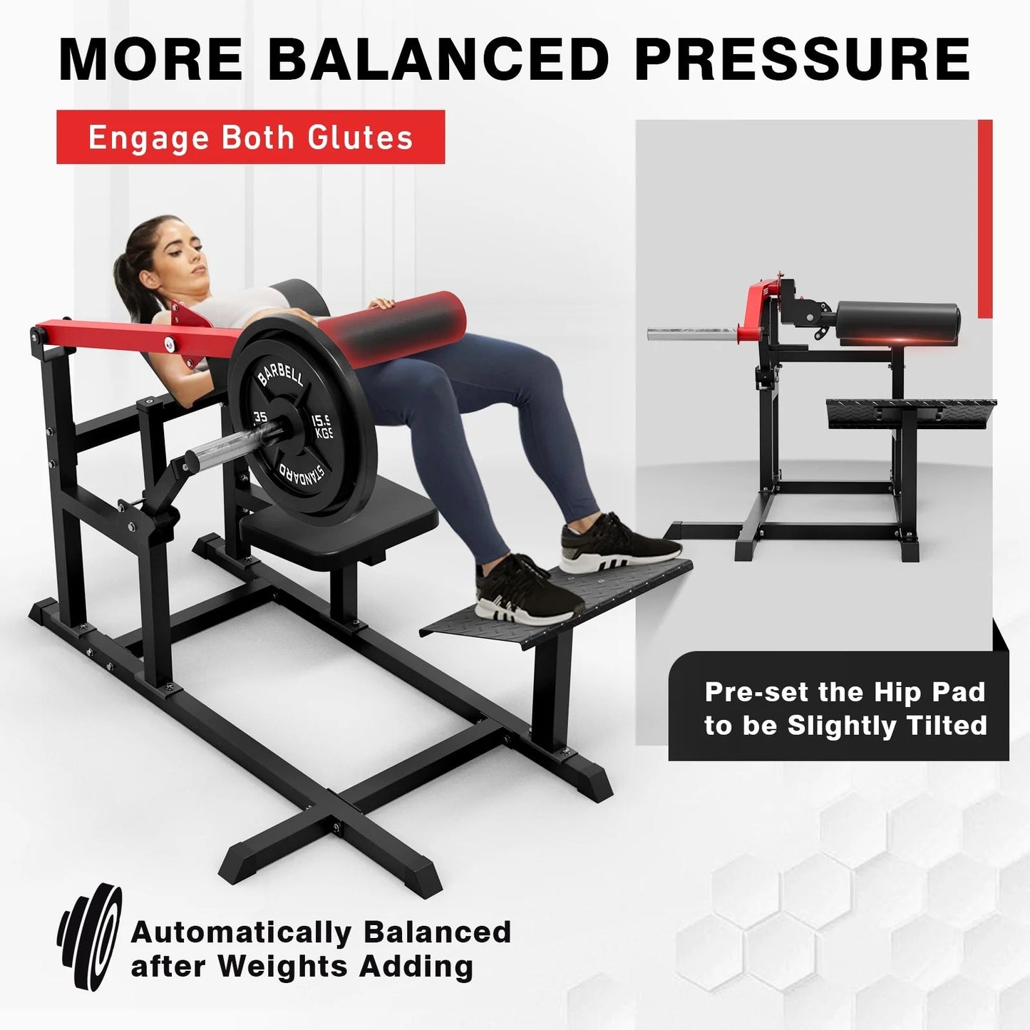 Hip Thrust Machine, Plate - Loaded Glute Bridge Machine with Blanced Hip Pad, Butt Exercise Workout Equipment with 3 Adjustable Height PositionsHip Thrust Machine, Plate - Loaded Glute Bridge Machine with Blanced Hip Pad, Butt Exercise Workout Equipment with 3 Adjustable Height Positions