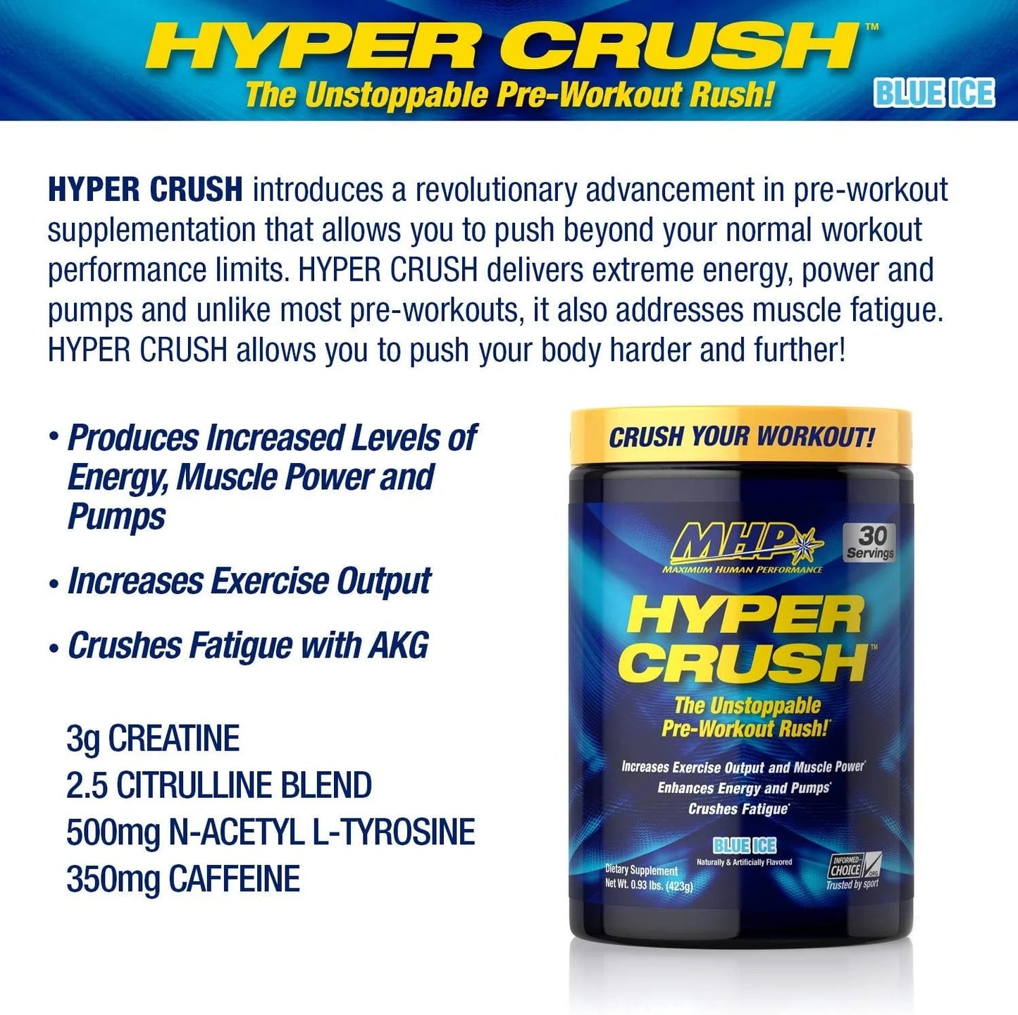 Hyper Crush Pre - Workout Powder – Energy, Pumps & Fatigue Support – 3 G Creatine, Citrulline, 350 Mg Caffeine – Blue Ice, 30 ServingsHyper Crush Pre - Workout Powder – Energy, Pumps & Fatigue Support – 3 G Creatine, Citrulline, 350 Mg Caffeine – Blue Ice, 30 Servings