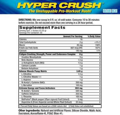 Hyper Crush Pre - Workout Powder – Energy, Pumps & Fatigue Support – 3 G Creatine, Citrulline, 350 Mg Caffeine – Blue Ice, 30 ServingsHyper Crush Pre - Workout Powder – Energy, Pumps & Fatigue Support – 3 G Creatine, Citrulline, 350 Mg Caffeine – Blue Ice, 30 Servings