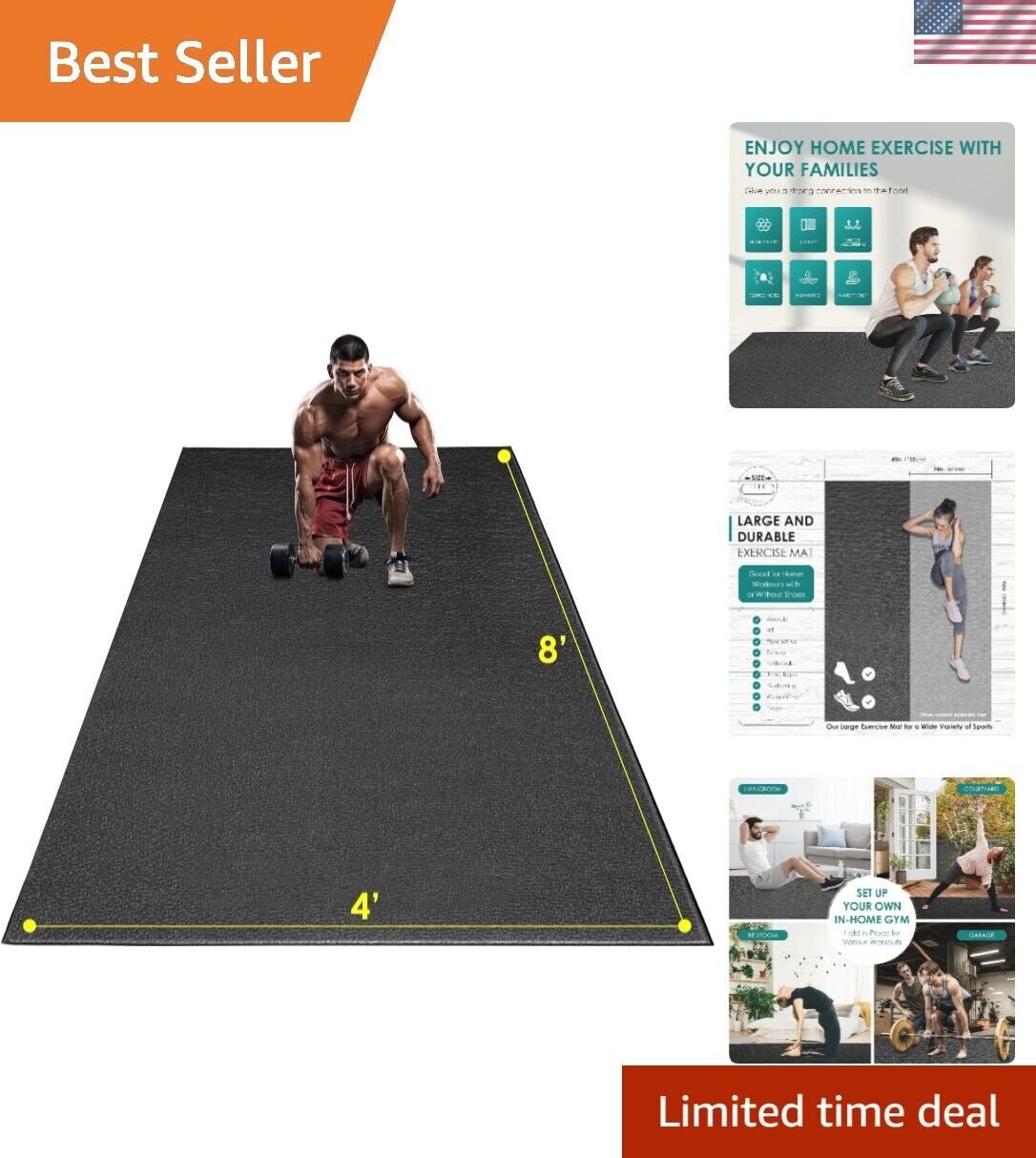 Large Exercise Mat, 8' X 4'X 1/4" Extra Durable Workout Mats for Home Gym Flo...-Nature Fitness