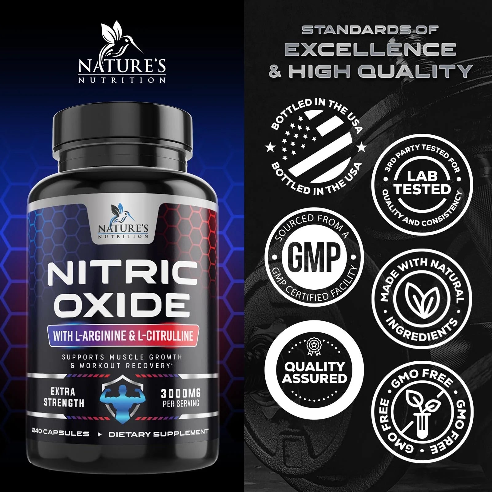 Nitric Oxide Booster Extra Strength 3000Mg - L Arginine 3X Strength Nitric Oxide Supplements for Men and Women, Citrulline, Supports Muscle, Heart Health & Energy Supplement, Non - Gmo - 240 CapsulesNitric Oxide Booster Extra Strength 3000Mg - L Arginine 3X Strength Nitric Oxide Supplements for Men and Women, Citrulline, Supports Muscle, Heart Health & Energy Supplement, Non - Gmo - 240 Capsules
