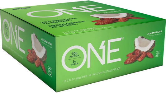 ONE Protein Bars, Almond Bliss, Gluten Free Protein Bars with 20G Protein and Only 1G Sugar, Guilt - Free Snacking for High Protein Diets, 2.12 Oz (12 Pack)ONE Protein Bars, Almond Bliss, Gluten Free Protein Bars with 20G Protein and Only 1G Sugar, Guilt - Free Snacking for High Protein Diets, 2.12 Oz (12 Pack)
