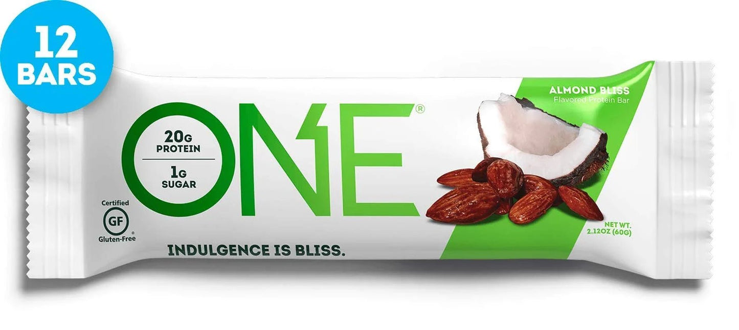 ONE Protein Bars, Almond Bliss, Gluten Free Protein Bars with 20G Protein and Only 1G Sugar, Guilt - Free Snacking for High Protein Diets, 2.12 Oz (12 Pack)ONE Protein Bars, Almond Bliss, Gluten Free Protein Bars with 20G Protein and Only 1G Sugar, Guilt - Free Snacking for High Protein Diets, 2.12 Oz (12 Pack)