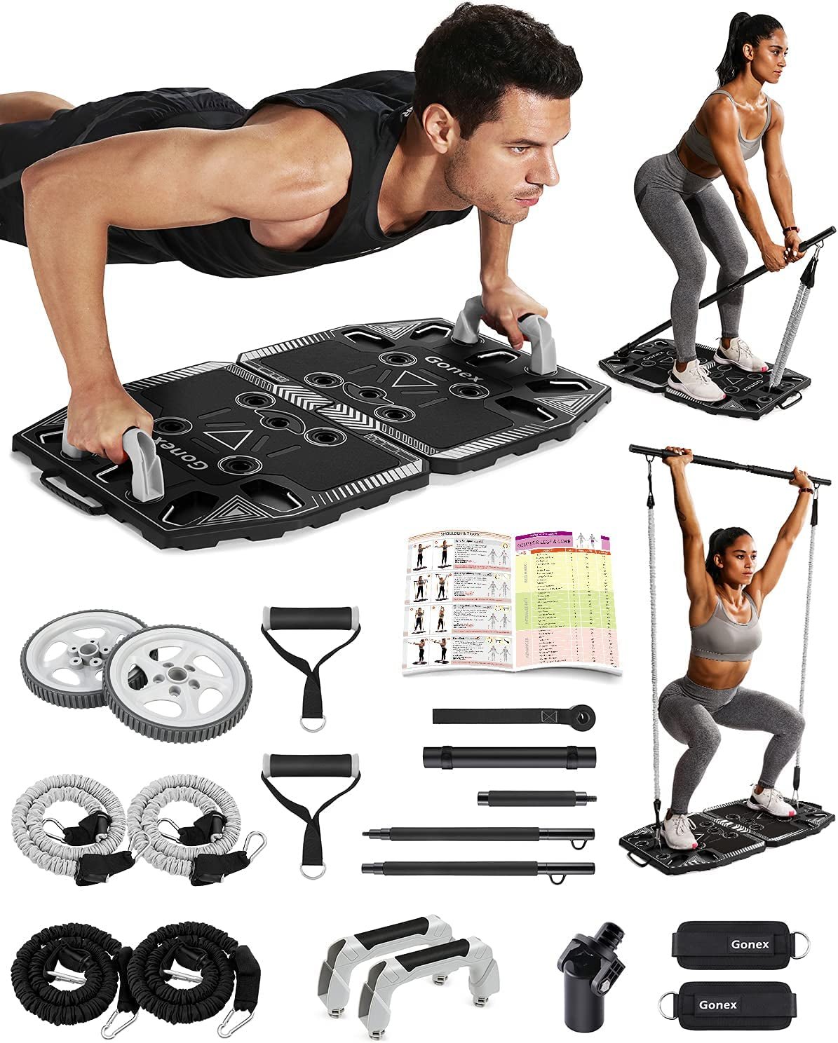 Portable Home Gym Workout Equipment with 14 Exercise Accessories Ab Roller Wheel,Elastic Resistance Bands,Push-Up Stand,Post Landmine Sleeve and More for Full Body Workouts System-Nature Fitness