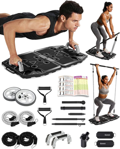 Portable Home Gym Workout Equipment with 14 Exercise Accessories Ab Roller Wheel,Elastic Resistance Bands,Push-Up Stand,Post Landmine Sleeve and More for Full Body Workouts System-Nature Fitness