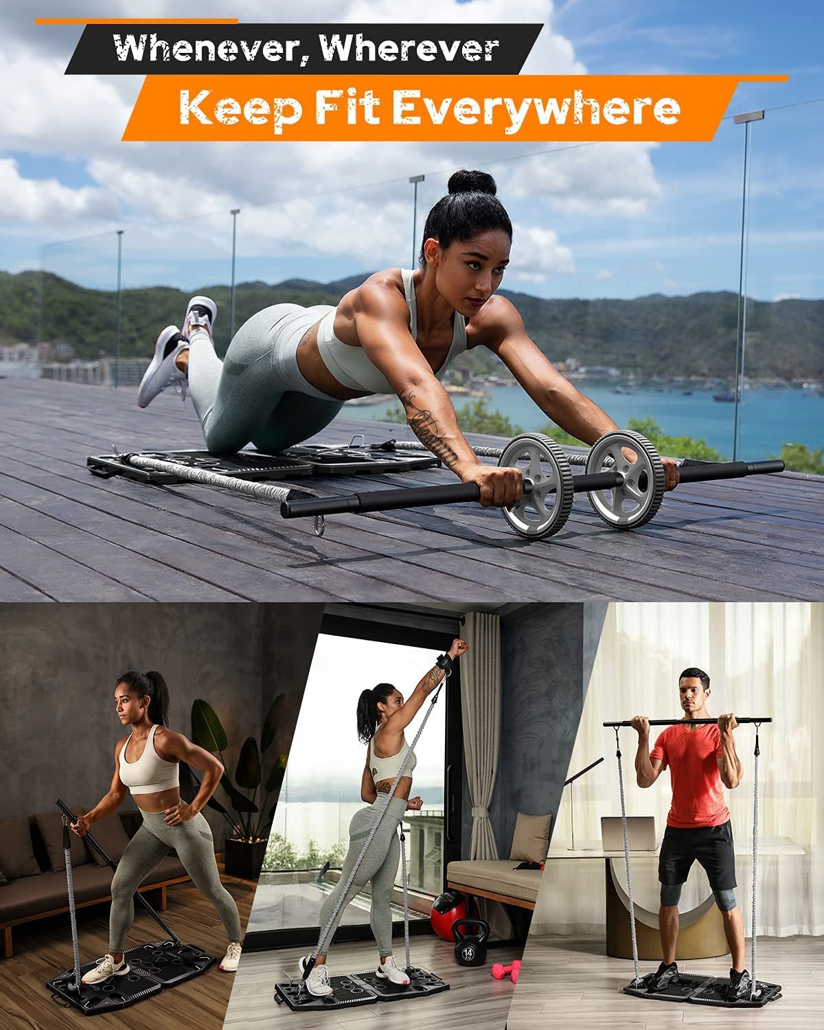 Portable Home Gym Workout Equipment with 14 Exercise Accessories Ab Roller Wheel,Elastic Resistance Bands,Push-Up Stand,Post Landmine Sleeve and More for Full Body Workouts System-Nature Fitness