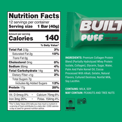 , Puff Protein Bars, Mint Chip, High Protein, Collagen, Gluten Free, 12 Count, Puff Protein Bars, Mint Chip, High Protein, Collagen, Gluten Free, 12 Count